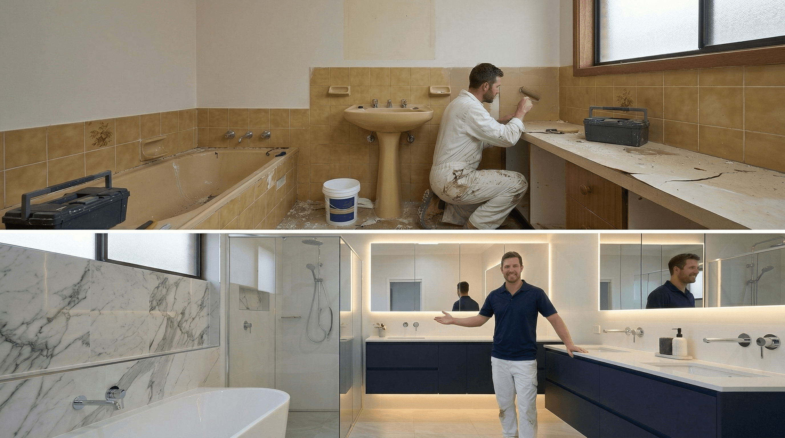 Bathroom renovation before and after comparison with modern vanity, lighting, and stone finishes
