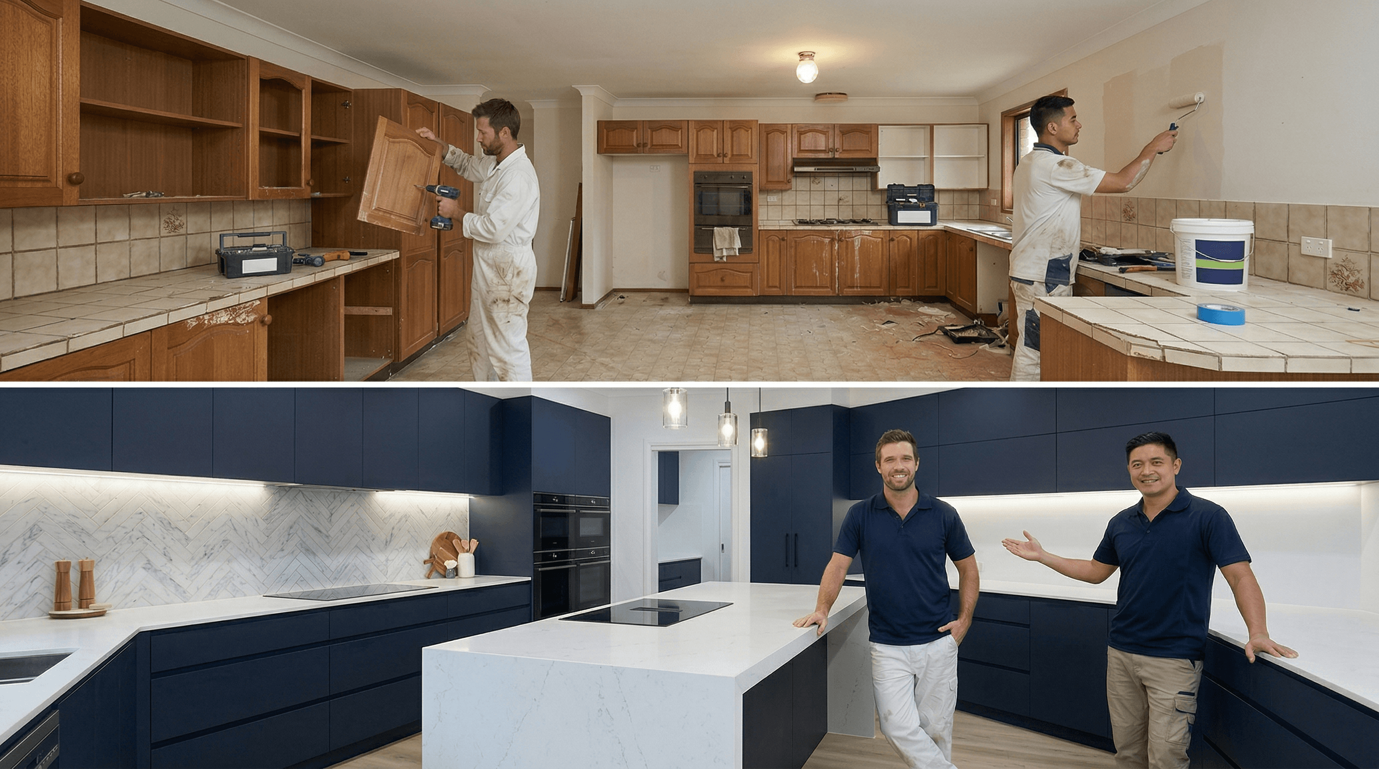 Kitchen renovation before and after comparison featuring new navy cabinetry and island bench